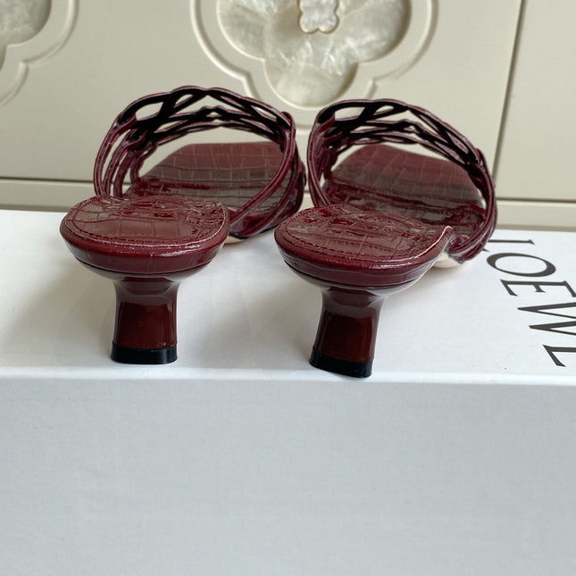 LOEWE 26S HIGH HEEL SANDALS 45MM IN BURGUNDY RED CROC-EMBOSSED PATENT CALFSKIN