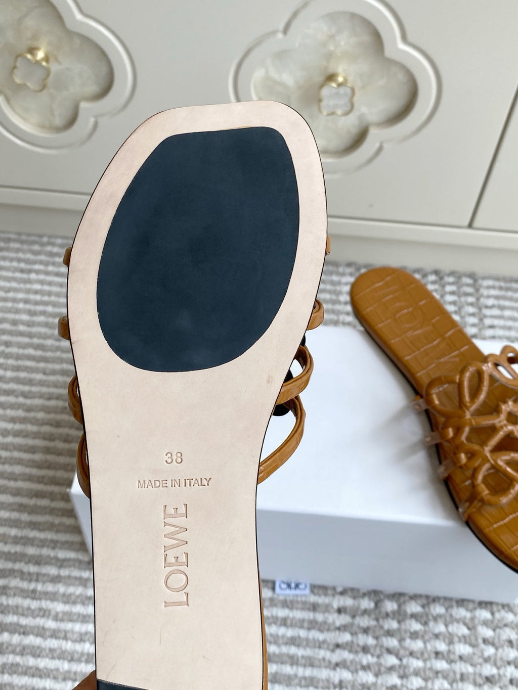 LOEWE 26S SLIDE SANDALS IN CARAMEL BROWN CROC-EMBOSSED PATENT CALFSKIN