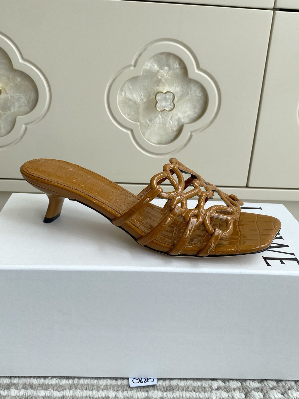LOEWE 26S HIGH HEEL SANDALS 45MM IN CARAMEL BROWN CROC-EMBOSSED PATENT CALFSKIN