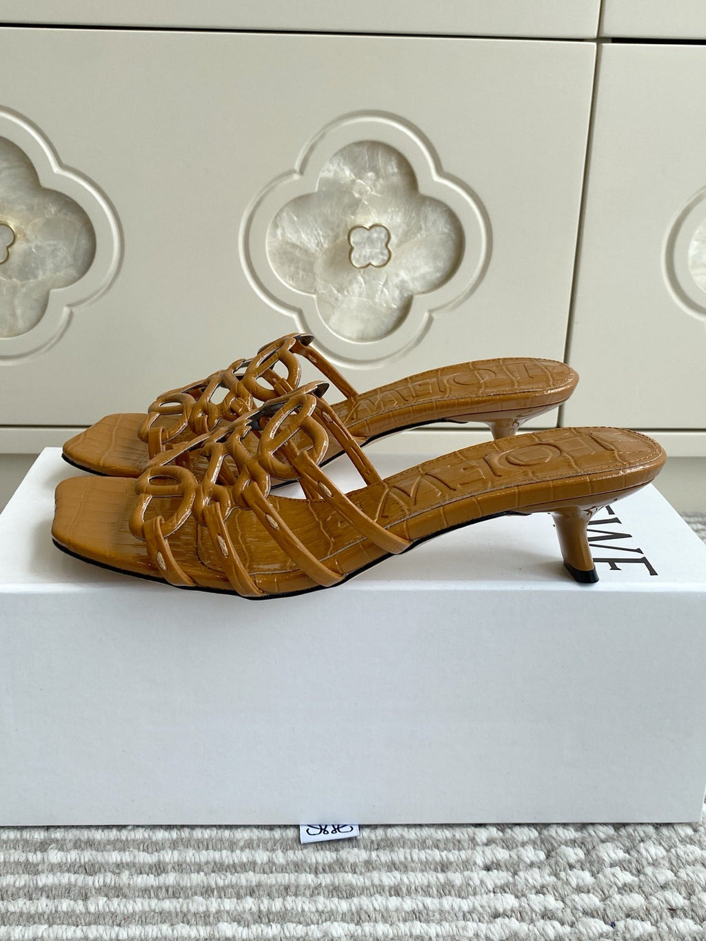 LOEWE 26S HIGH HEEL SANDALS 45MM IN CARAMEL BROWN CROC-EMBOSSED PATENT CALFSKIN