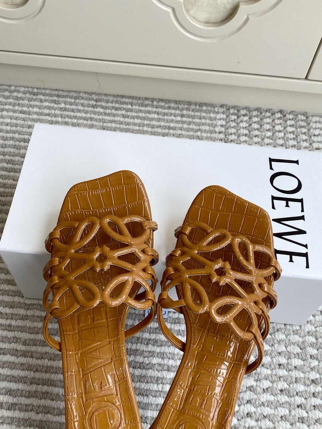 LOEWE 26S HIGH HEEL SANDALS 45MM IN CARAMEL BROWN CROC-EMBOSSED PATENT CALFSKIN