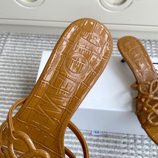 LOEWE 26S HIGH HEEL SANDALS 45MM IN CARAMEL BROWN CROC-EMBOSSED PATENT CALFSKIN
