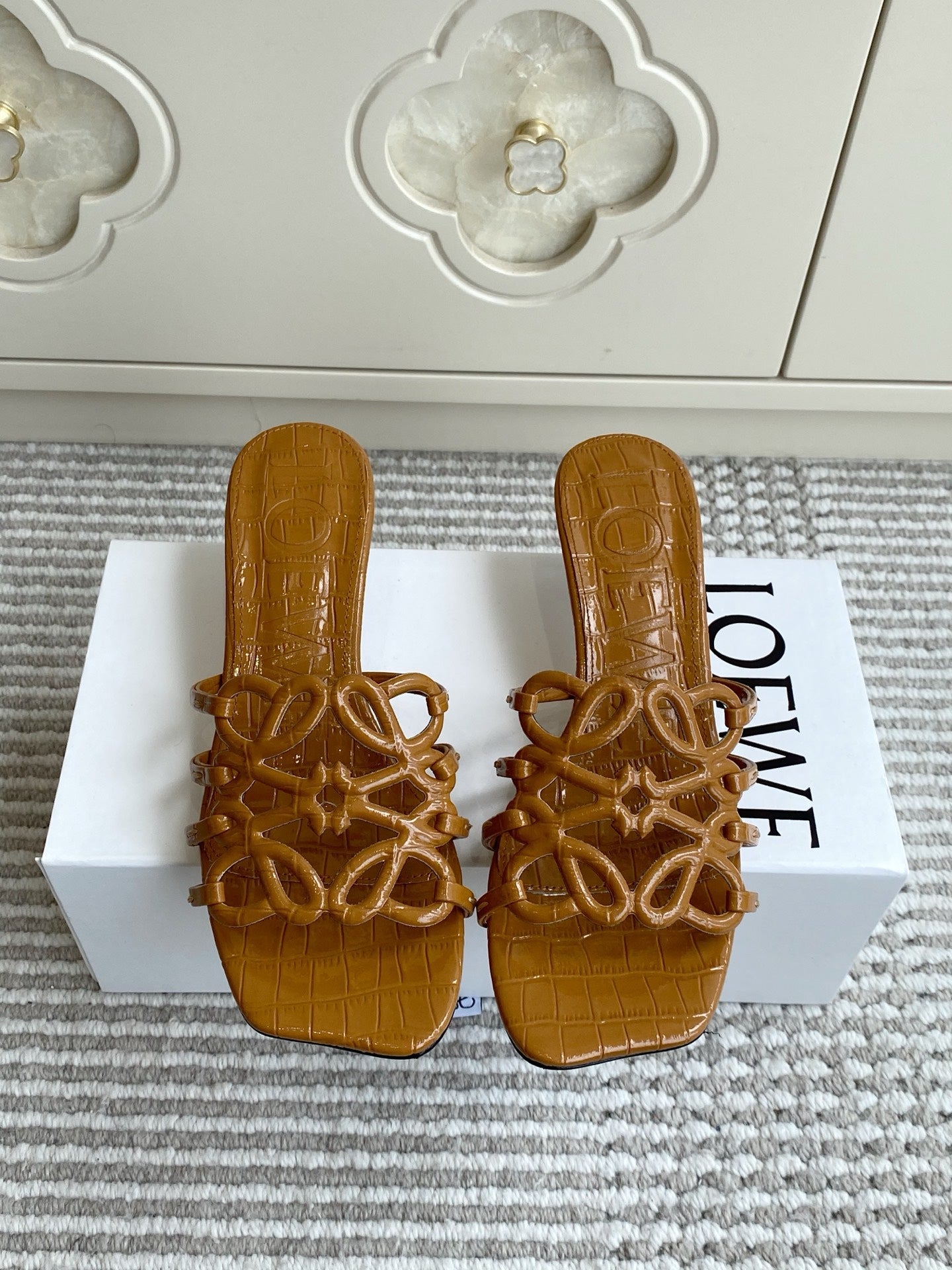 LOEWE 26S HIGH HEEL SANDALS 45MM IN CARAMEL BROWN CROC-EMBOSSED PATENT CALFSKIN