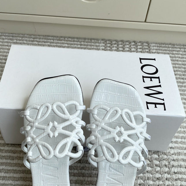 LOEWE 26S SLIDE SANDALS IN WHITE CROC-EMBOSSED CALFSKIN