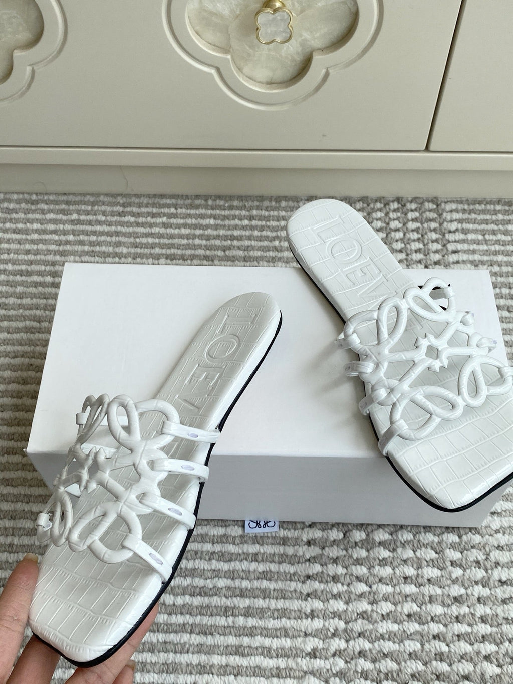 LOEWE 26S SLIDE SANDALS IN WHITE CROC-EMBOSSED CALFSKIN