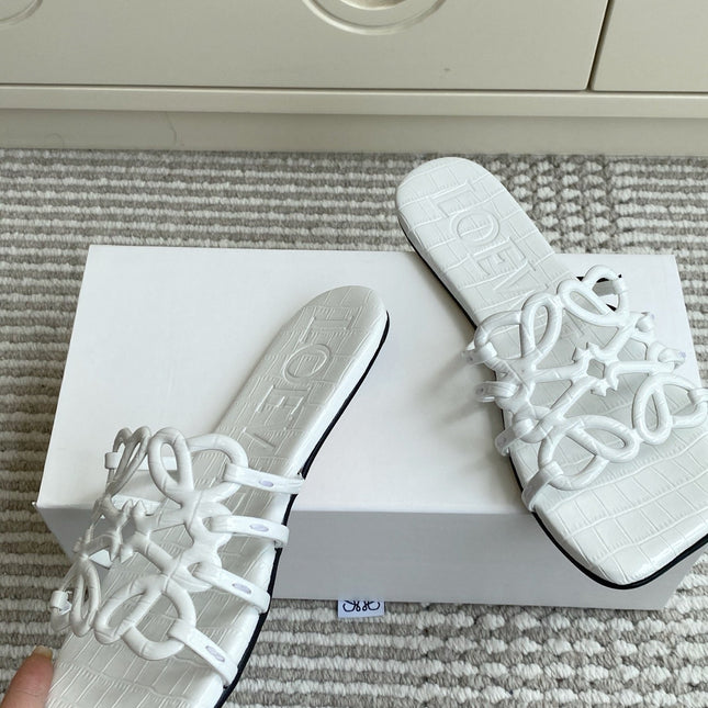 LOEWE 26S SLIDE SANDALS IN WHITE CROC-EMBOSSED CALFSKIN