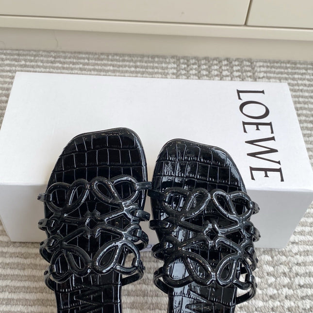 LOEWE 26S SLIDE SANDALS IN BLACK CROC-EMBOSSED PATENT CALFSKIN