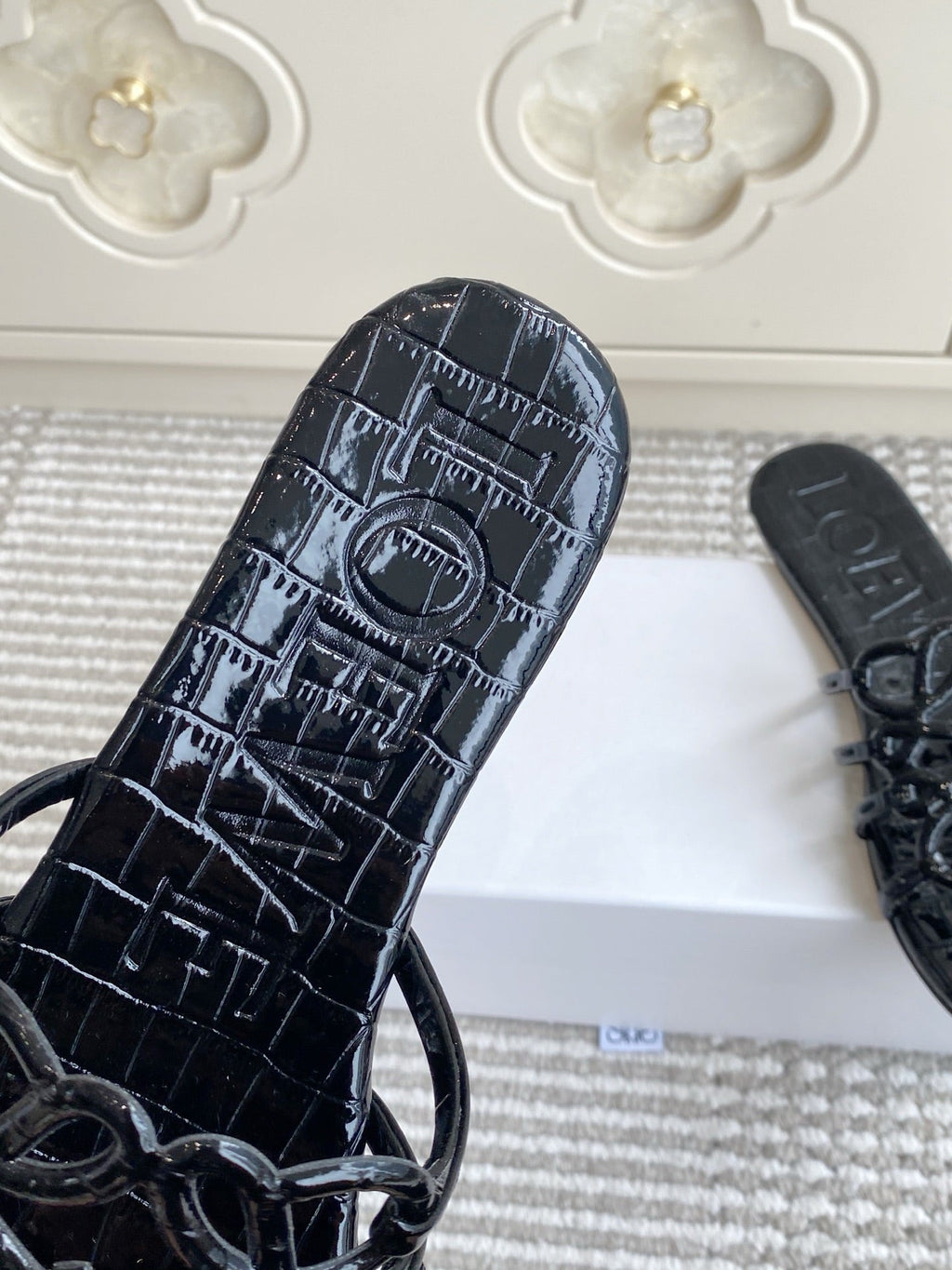 LOEWE 26S SLIDE SANDALS IN BLACK CROC-EMBOSSED PATENT CALFSKIN