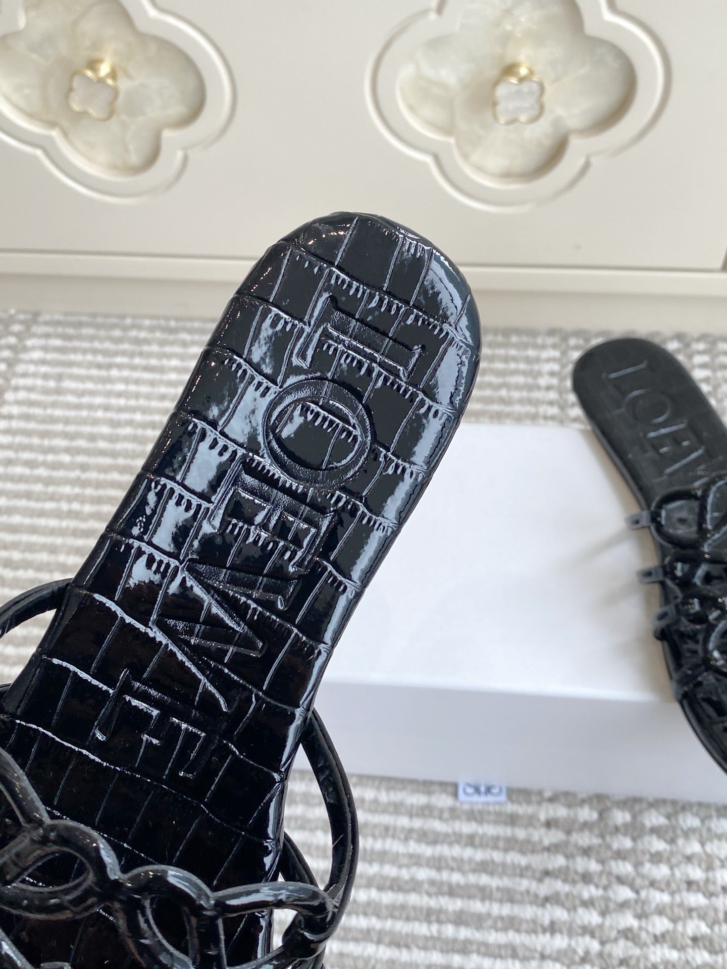 LOEWE 26S SLIDE SANDALS IN BLACK CROC-EMBOSSED PATENT CALFSKIN