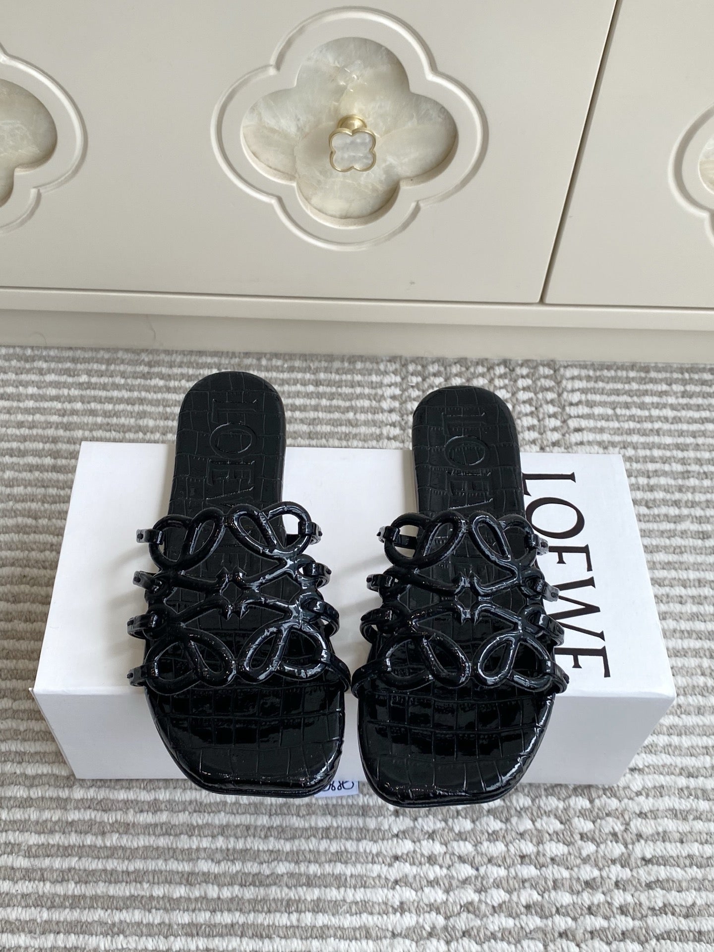 LOEWE 26S SLIDE SANDALS IN BLACK CROC-EMBOSSED PATENT CALFSKIN