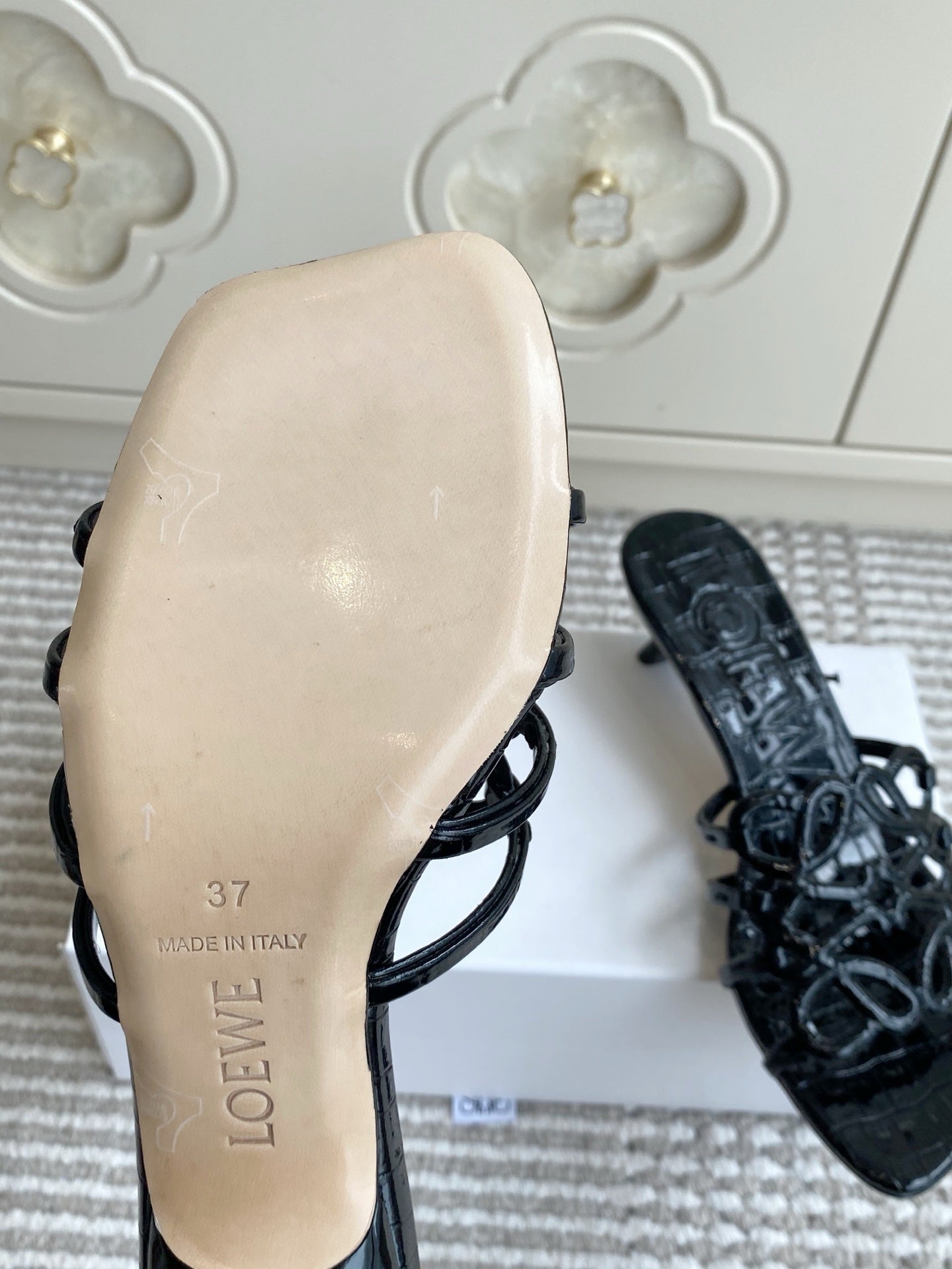 LOEWE 26S HIGH HEEL SANDALS 45MM IN BLACK CROC-EMBOSSED PATENT CALFSKIN