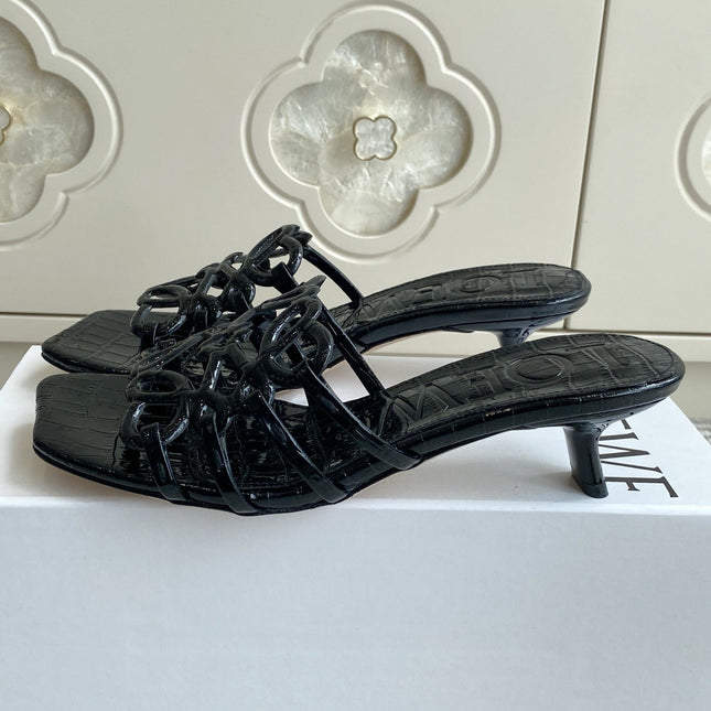 LOEWE 26S HIGH HEEL SANDALS 45MM IN BLACK CROC-EMBOSSED PATENT CALFSKIN