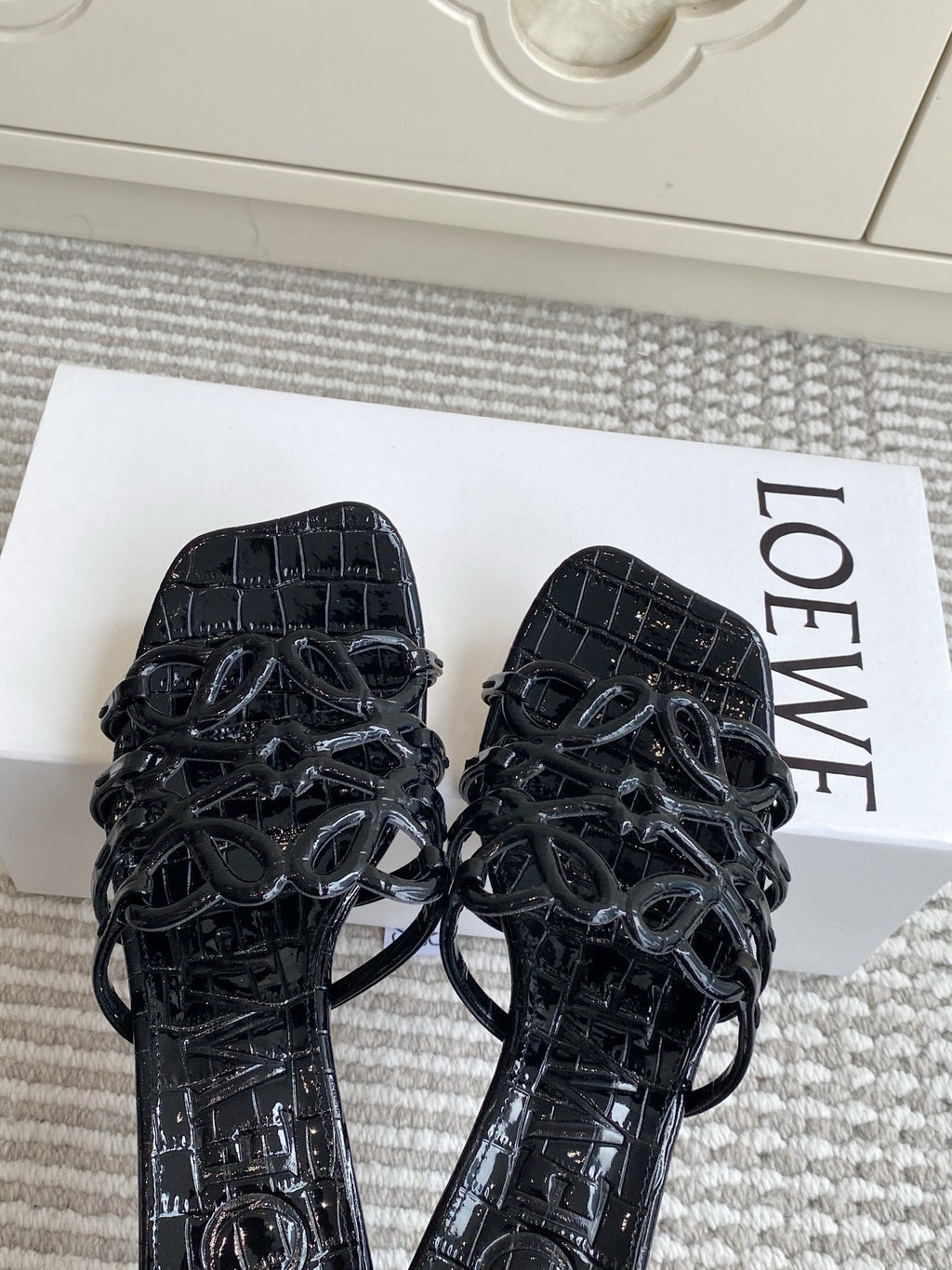 LOEWE 26S HIGH HEEL SANDALS 45MM IN BLACK CROC-EMBOSSED PATENT CALFSKIN