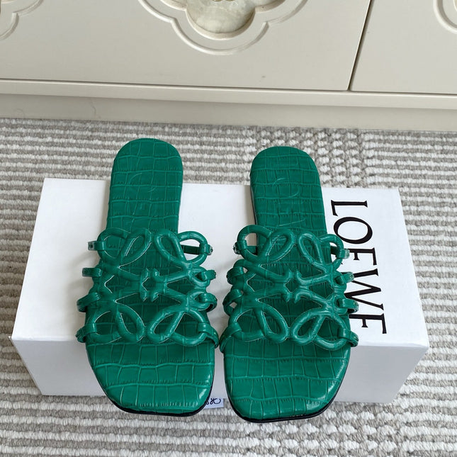 LOEWE 26S SLIDE SANDALS IN GREEN CROC-EMBOSSED CALFSKIN