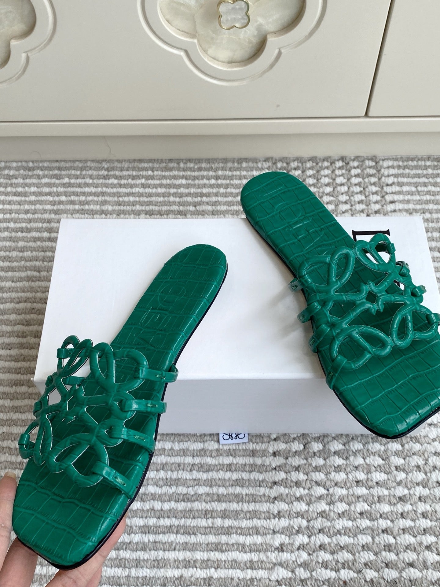 LOEWE 26S SLIDE SANDALS IN GREEN CROC-EMBOSSED CALFSKIN