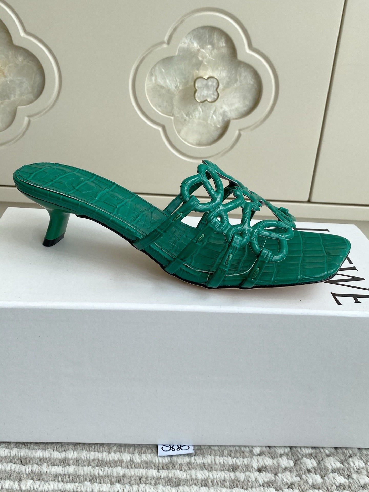 LOEWE 26S HIGH HEEL SANDALS 45MM IN GREEN CROC-EMBOSSED CALFSKIN