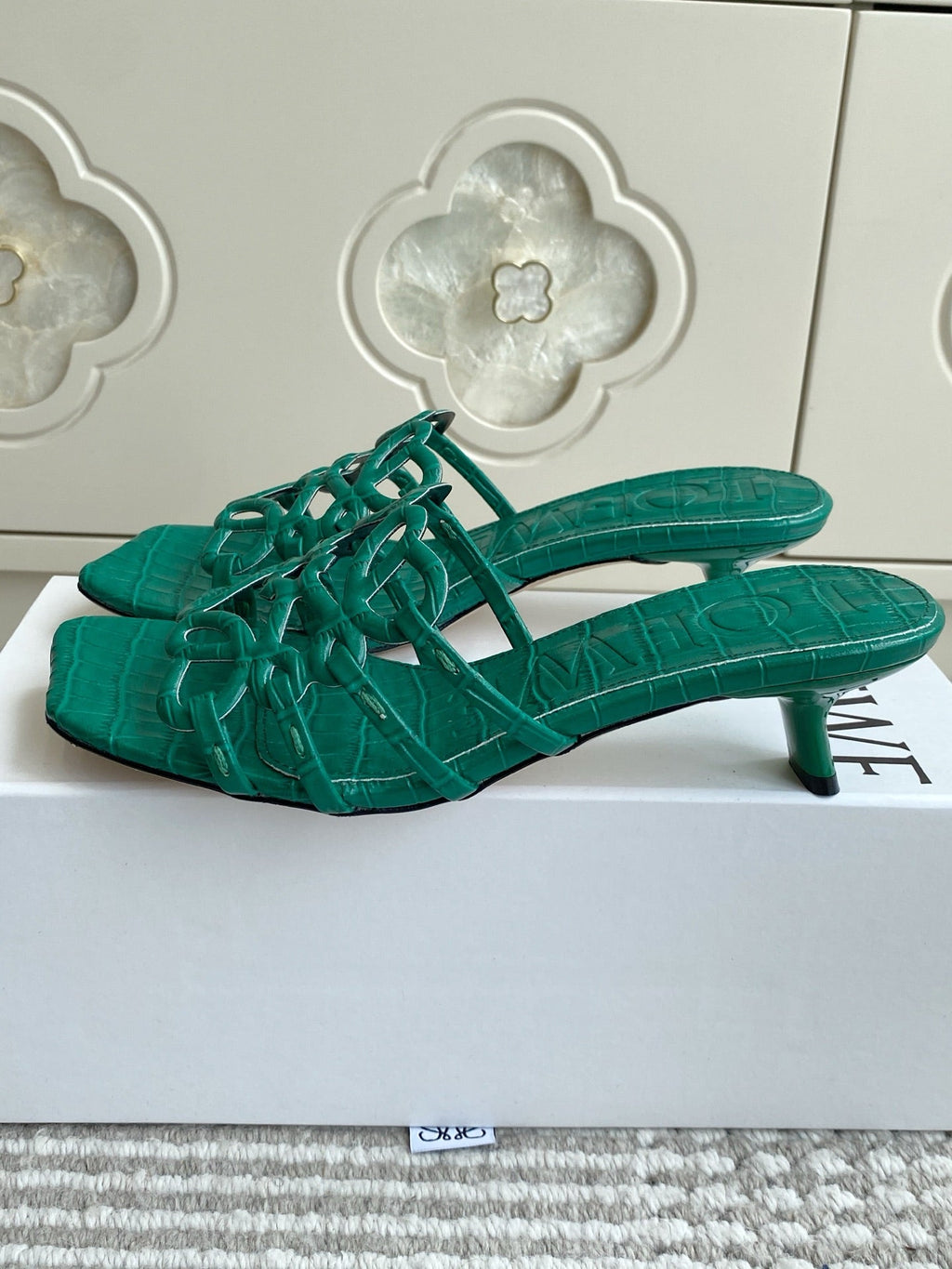 LOEWE 26S HIGH HEEL SANDALS 45MM IN GREEN CROC-EMBOSSED CALFSKIN
