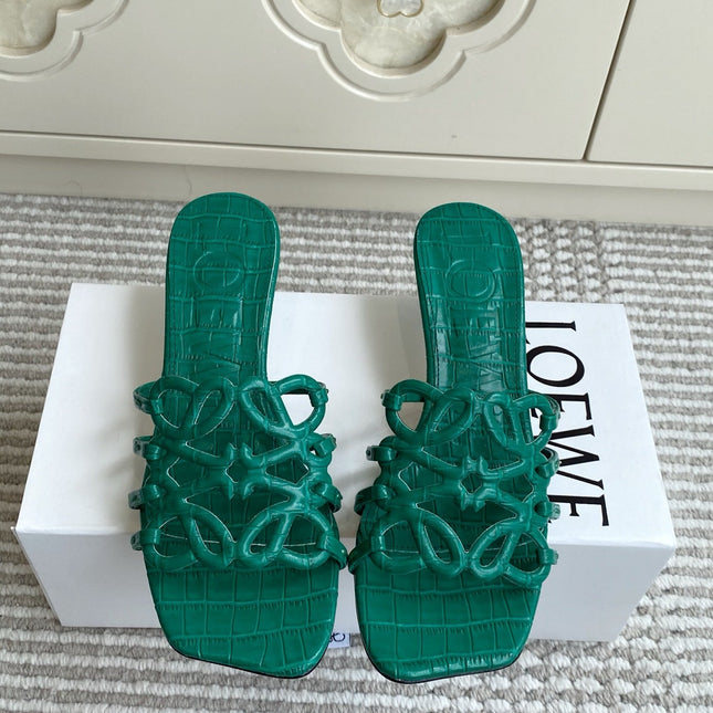 LOEWE 26S HIGH HEEL SANDALS 45MM IN GREEN CROC-EMBOSSED CALFSKIN