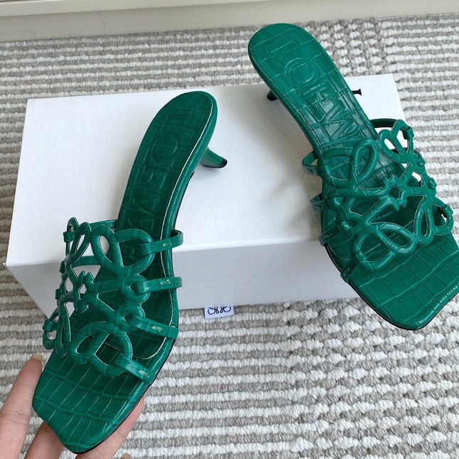 LOEWE 26S HIGH HEEL SANDALS 45MM IN GREEN CROC-EMBOSSED CALFSKIN