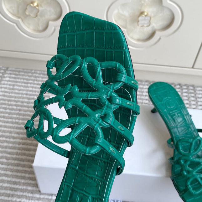 LOEWE 26S HIGH HEEL SANDALS 45MM IN GREEN CROC-EMBOSSED CALFSKIN