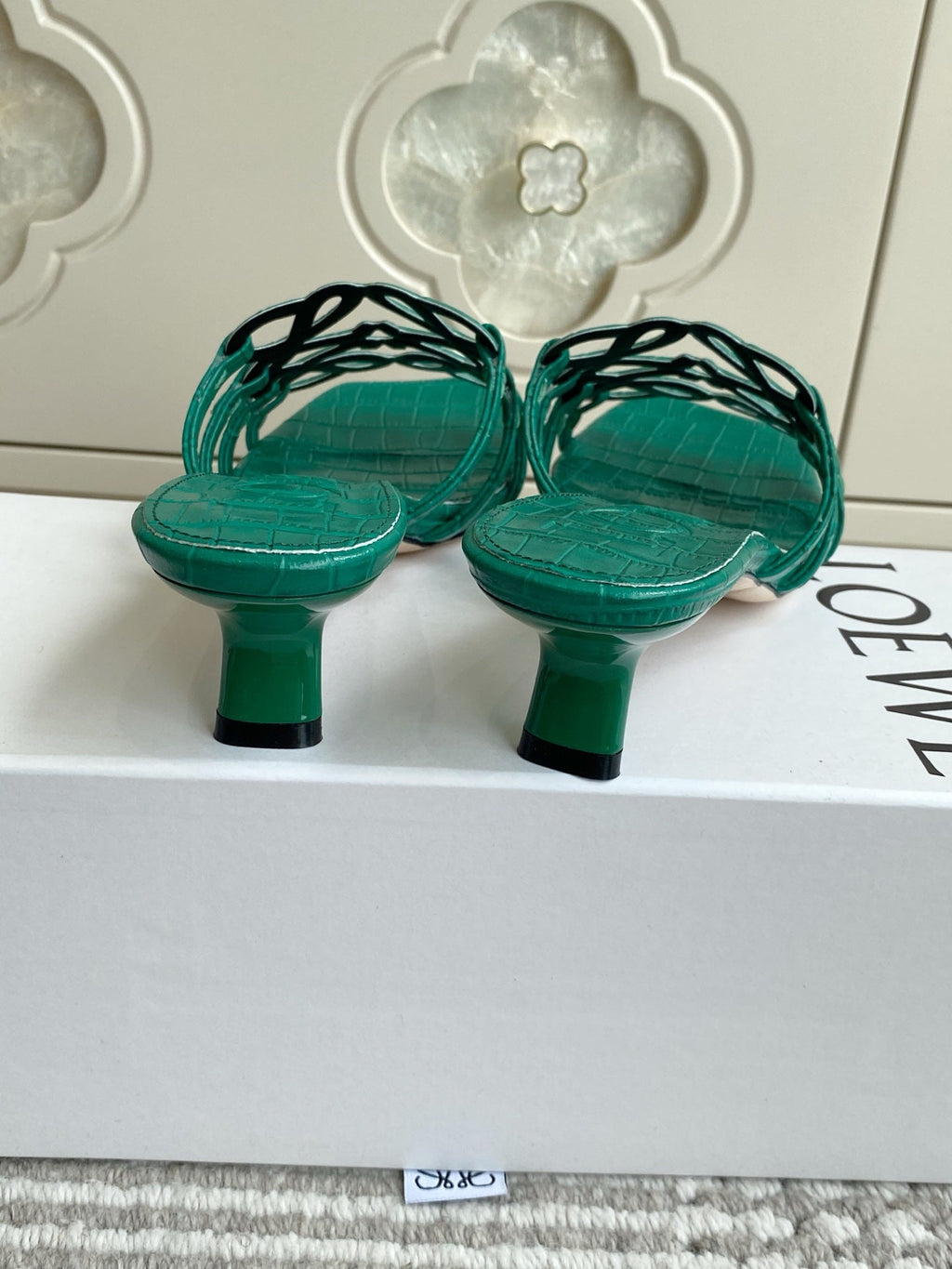 LOEWE 26S HIGH HEEL SANDALS 45MM IN GREEN CROC-EMBOSSED CALFSKIN