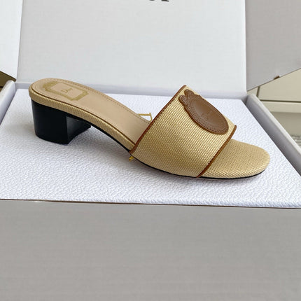 DIOR 26S D-BADGE SLIDE SANDALS IN BEIGE RAFFIA AND BROWN CALFSKIN