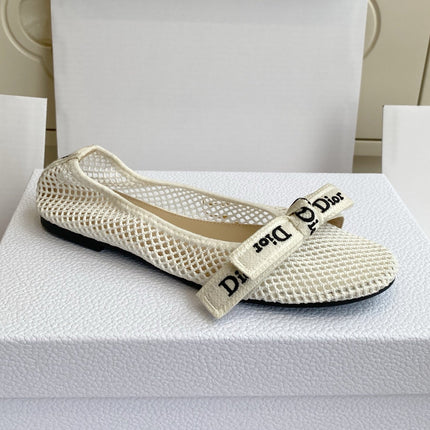 DIOR 26S BALLET FLATS IN IVORY WHITE MESH WITH J'ADIOR BOW