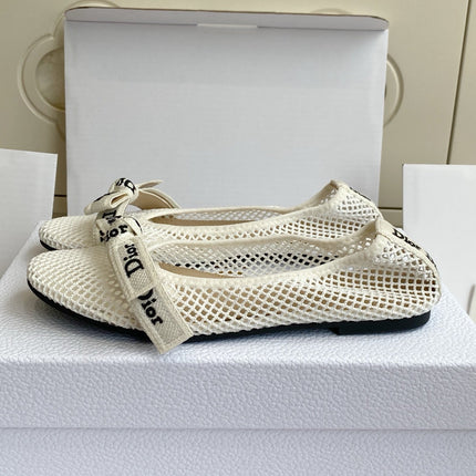 DIOR 26S BALLET FLATS IN IVORY WHITE MESH WITH J'ADIOR BOW