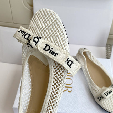 DIOR 26S BALLET FLATS IN IVORY WHITE MESH WITH J'ADIOR BOW