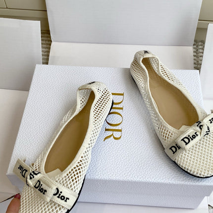 DIOR 26S BALLET FLATS IN IVORY WHITE MESH WITH J'ADIOR BOW