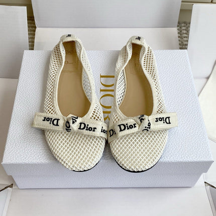 DIOR 26S BALLET FLATS IN IVORY WHITE MESH WITH J'ADIOR BOW