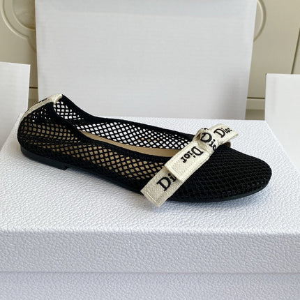 DIOR 26S BALLET FLATS IN BLACK MESH WITH J'ADIOR BOW