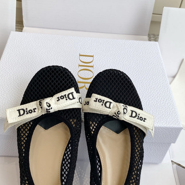 DIOR 26S BALLET FLATS IN BLACK MESH WITH J'ADIOR BOW