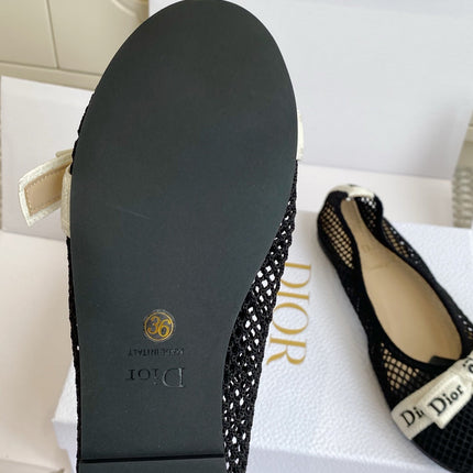 DIOR 26S BALLET FLATS IN BLACK MESH WITH J'ADIOR BOW