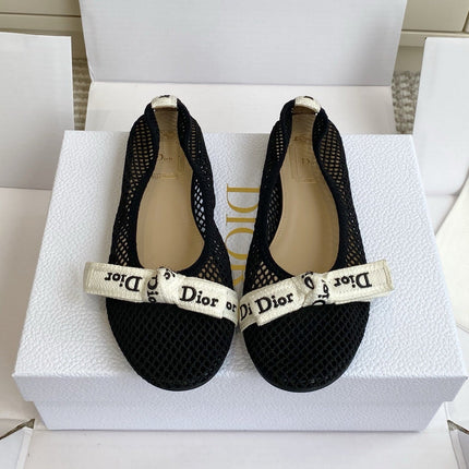 DIOR 26S BALLET FLATS IN BLACK MESH WITH J'ADIOR BOW