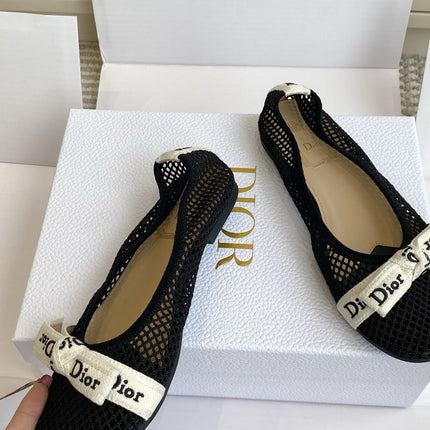 DIOR 26S BALLET FLATS IN BLACK MESH WITH J'ADIOR BOW