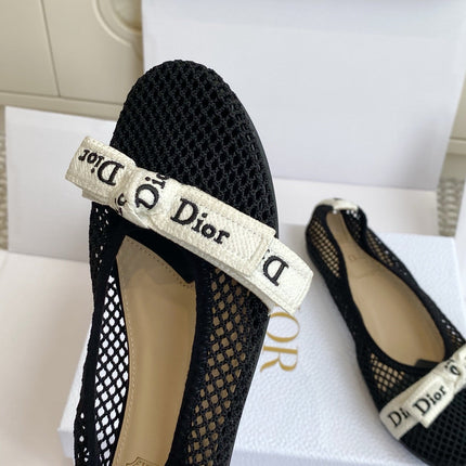 DIOR 26S BALLET FLATS IN BLACK MESH WITH J'ADIOR BOW