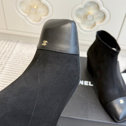 CHANEL 26S ANKLE BOOTS IN BLACK SUEDE AND PATENT SQUARE TOE