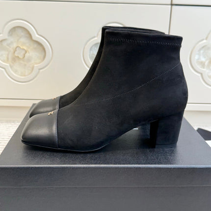 CHANEL 26S ANKLE BOOTS IN BLACK SUEDE AND PATENT SQUARE TOE