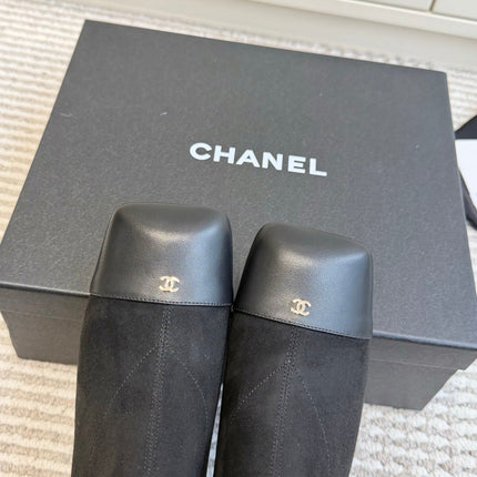 CHANEL 26S ANKLE BOOTS IN BLACK SUEDE AND PATENT SQUARE TOE