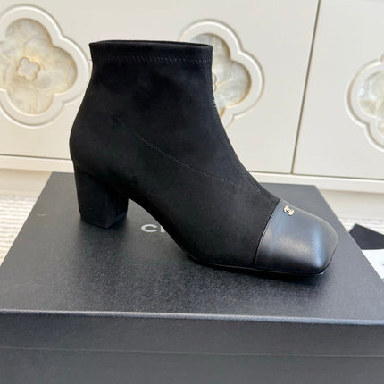 CHANEL 26S ANKLE BOOTS IN BLACK SUEDE AND PATENT SQUARE TOE