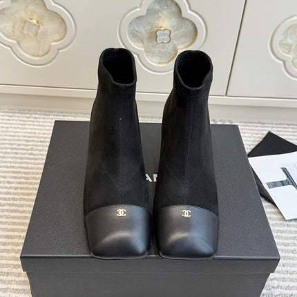 CHANEL 26S ANKLE BOOTS IN BLACK SUEDE AND PATENT SQUARE TOE