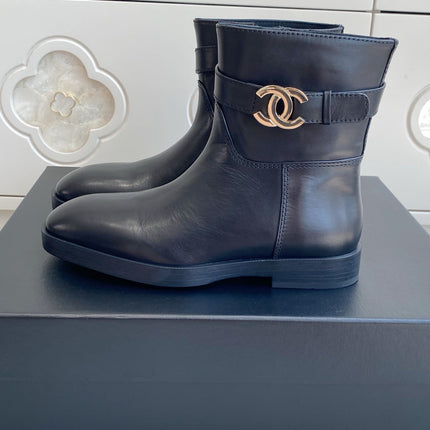 CHANEL 26S SHORT RIDING BOOTS IN BLACK CALFSKIN GOLD TONE CC LOGO BUCKLE STRAP