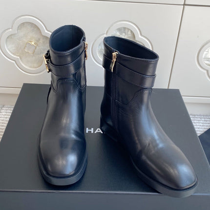 CHANEL 26S SHORT RIDING BOOTS IN BLACK CALFSKIN GOLD TONE CC LOGO BUCKLE STRAP