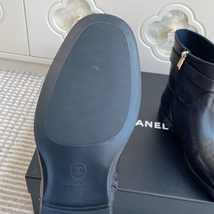 CHANEL 26S SHORT RIDING BOOTS IN BLACK CALFSKIN GOLD TONE CC LOGO BUCKLE STRAP