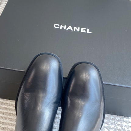 CHANEL 26S SHORT RIDING BOOTS IN BLACK CALFSKIN GOLD TONE CC LOGO BUCKLE STRAP