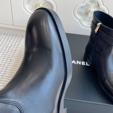 CHANEL 26S SHORT RIDING BOOTS IN BLACK CALFSKIN GOLD TONE CC LOGO BUCKLE STRAP