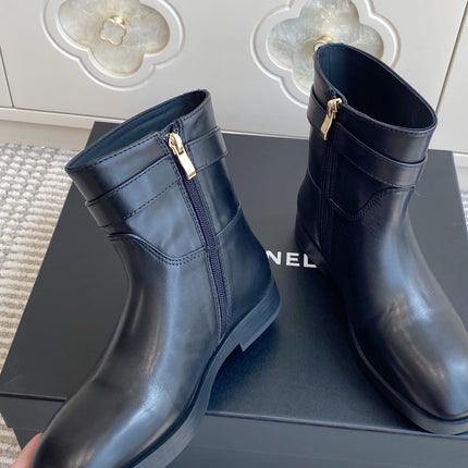 CHANEL 26S SHORT RIDING BOOTS IN BLACK CALFSKIN GOLD TONE CC LOGO BUCKLE STRAP