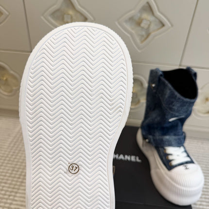 CHANEL 26S HIGH TOP PLATFORM SNEAKER BOOTS IN BLUE DENIM