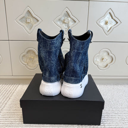 CHANEL 26S HIGH TOP PLATFORM SNEAKER BOOTS IN BLUE DENIM